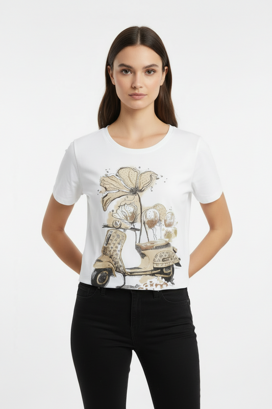 T-Shirt Donna vespa Vintage Beige Oro con Fiori