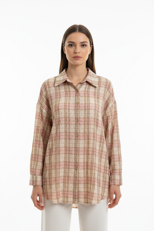 Camicia a quadri beige e rosa - vista frontale