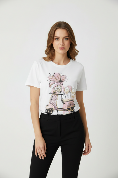 T-Shirt Donna vespa Vintage Rosa con Fiori