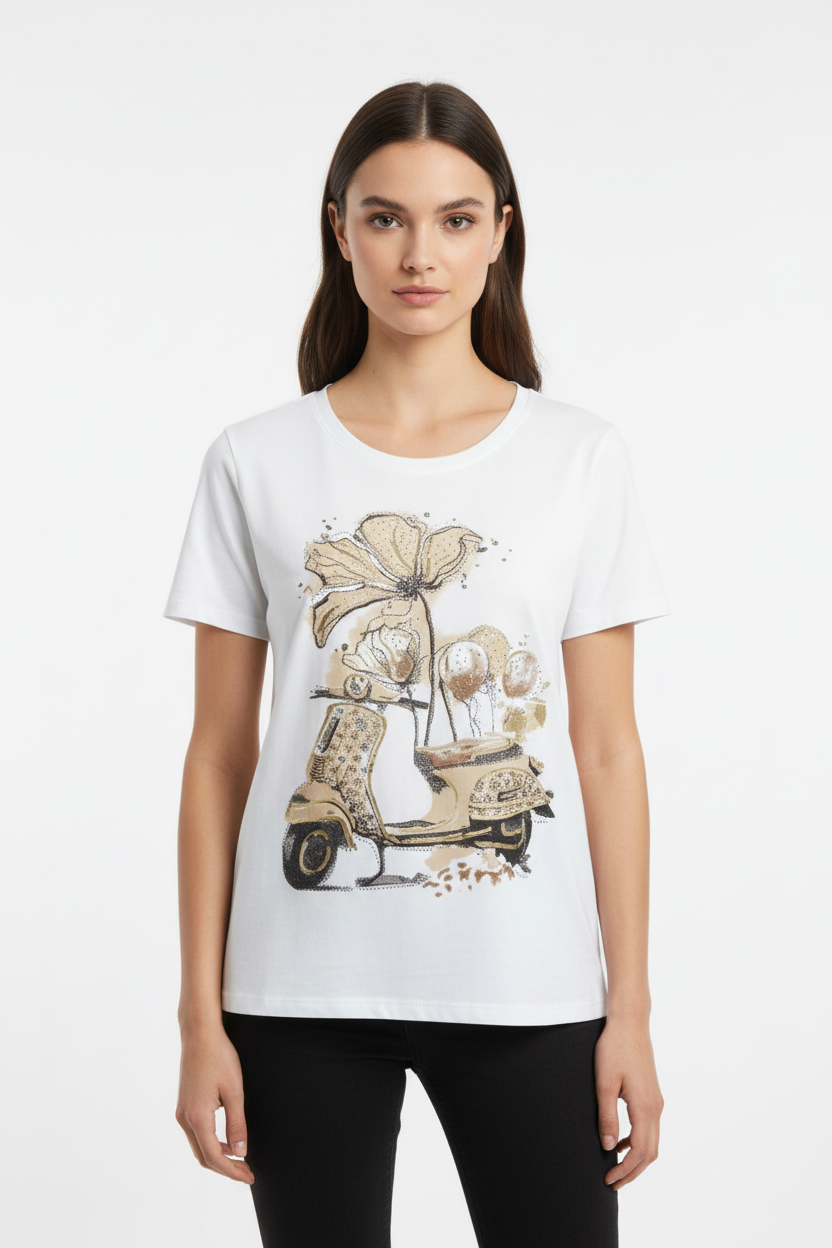 T-Shirt Donna vespa Vintage Beige Oro con Fiori