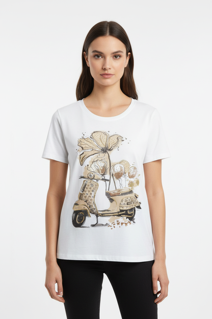 T-Shirt Donna vespa Vintage Beige Oro con Fiori