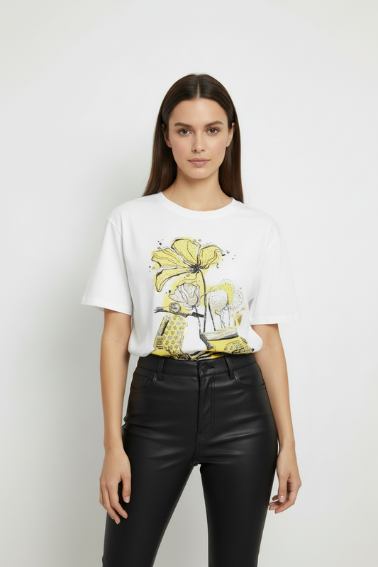 T-Shirt Donna vespa Vintage Giallo con Fiori