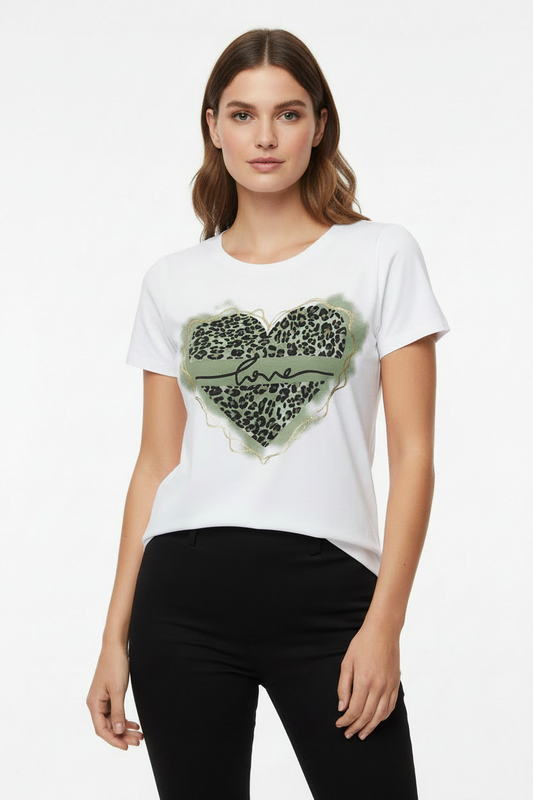 T-Shirt Donna Cuore Leopardato Verde Militare