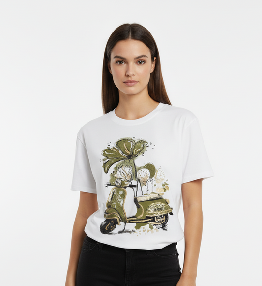 T-Shirt Donna vespa Vintage Verde Oliva con Fiori