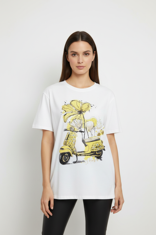 T-Shirt Donna vespa Vintage Giallo con Fiori