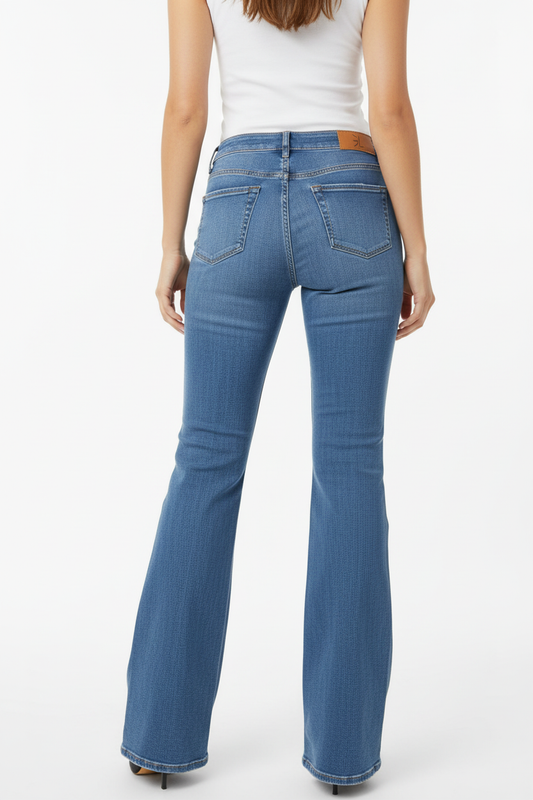 Modella indossa jeans a zampa blu medio - vista posteriore