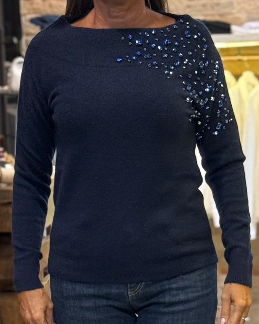 Maglia Markup blu scollo a barca con pietre